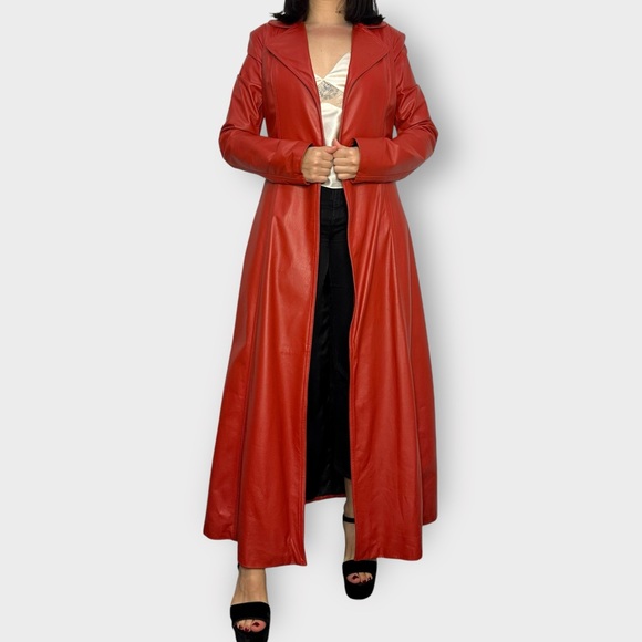 Vintage 1970’s Real Leather Full Length Red Open Coat - Picture 2 of 11